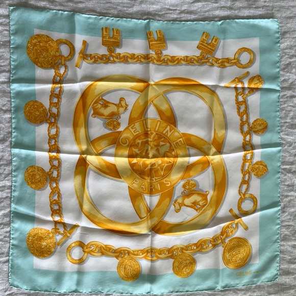SOLD! CELINE Silk Bandana Scarf β Gold Medallion Chain Print 26β Square β Italy - Picture 9 of 13